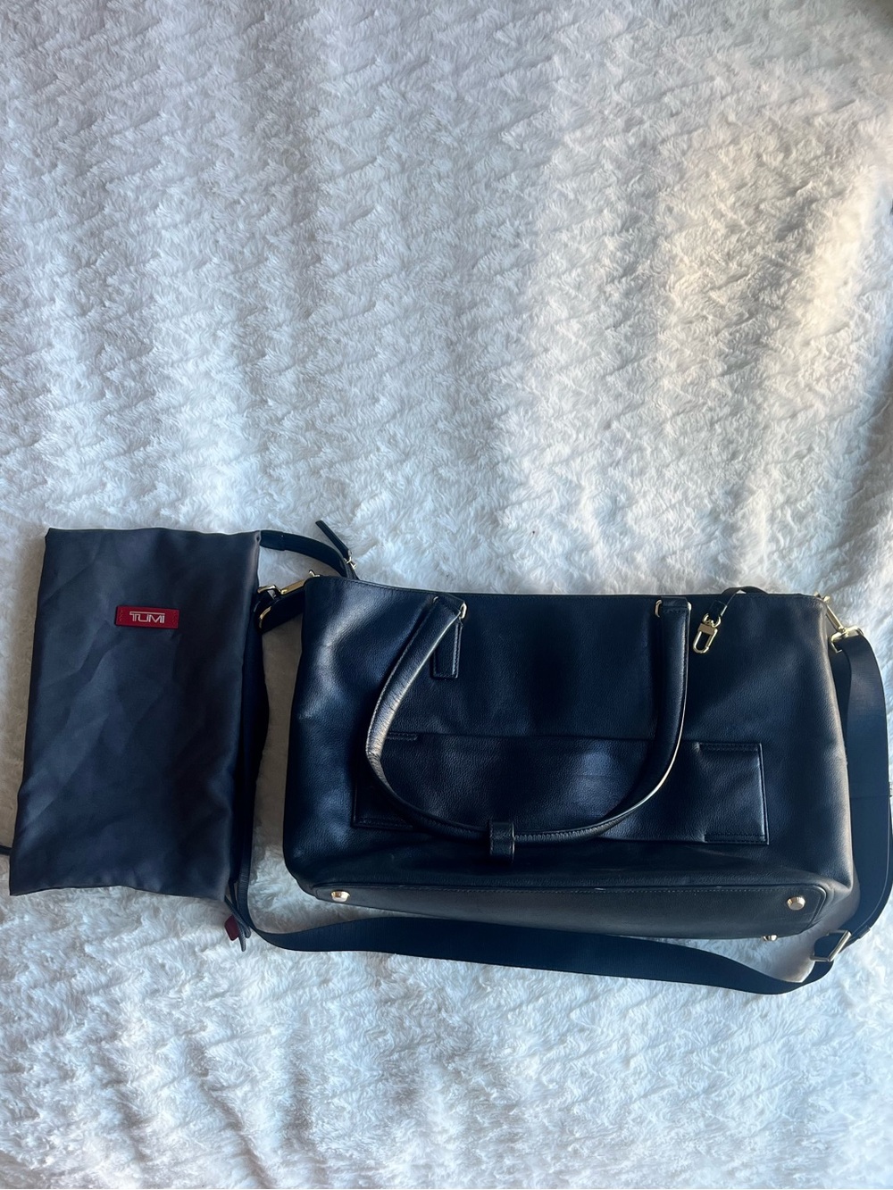 TUMI Black Leather Laptop Briefcase with Gold-Tone Hardware